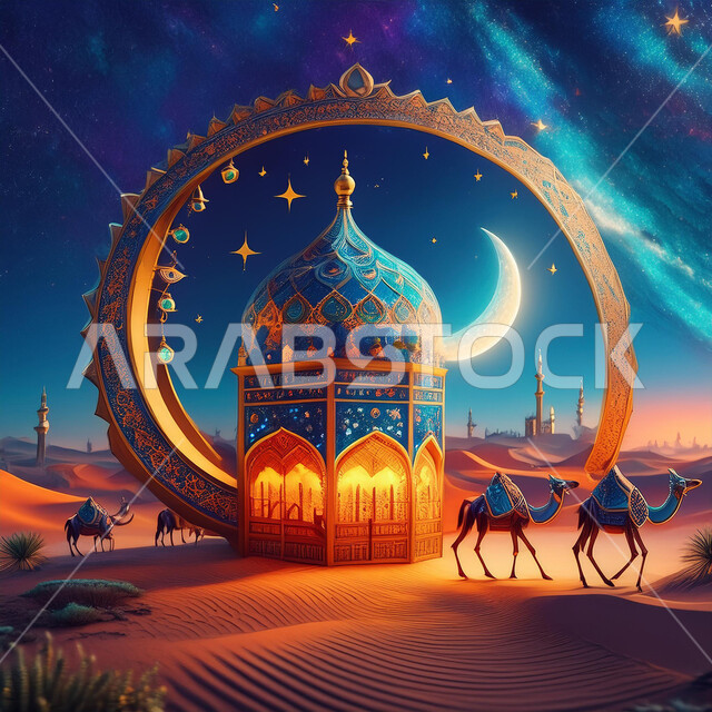 فانوس معدني مزخرف مضيء على الرمال الذهبية, ديكورات تقليدية للاحتفال بالمناسبات الدينية الإسلامية, خلفية بالهلال المنير في السماء المظلمة, حيوانات الجمل تسير في الصحراء، قوالب للتهنئة بالسنة الهجرية الجديدة, أجواء روحانية إسلامية