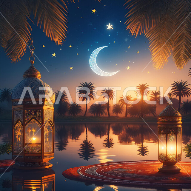 Traditional decorations to celebrate Islamic religious occasions, illuminated decorative metal lantern, nature background with the illuminated crescent in the dark sky, templates for congratulating the New Hijri Year, Islamic spiritual atmosphere