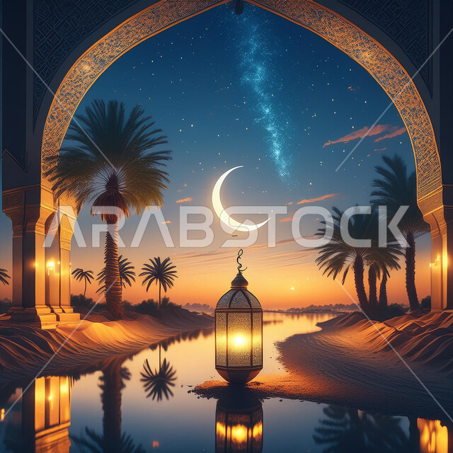 Traditional decorations to celebrate Islamic religious occasions, illuminated decorative metal lantern, nature background with the illuminated crescent in the dark sky, templates for congratulating the New Hijri Year, Islamic spiritual atmosphere