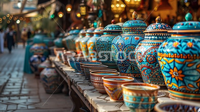 عرض الأواني الفخارية المزخرفة المرتبة, أوعية طينية مزينة بالنقوش الملونة, الصناعات والحرف اليدوية في المملكة, مكان لبيع الأغراض التراثية القديمة, العمل في صناعة الخزفيات, المهن الشعبية السعودية،التاريخ السعودي الغني بالثقافة والتقاليد المتوارثة