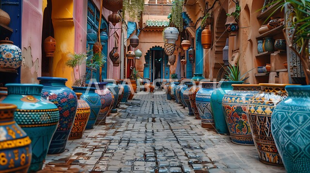 عرض الأواني الفخارية المزخرفة المرتبة, أوعية طينية مزينة بالنقوش الملونة, الصناعات والحرف اليدوية في المملكة, مكان لبيع الأغراض التراثية القديمة, العمل في صناعة الخزفيات, المهن الشعبية السعودية،التاريخ السعودي الغني بالثقافة والتقاليد المتوارثة