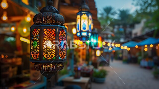 حرفة صناعة المصابيح المعدنية، إضاءة واكسسوارات وزينة رمضان، صورة مقربة لفوانيس عربية تقليدية مزخرفة وملونة معروضة في سوق شعبي، الاحتفال بقدوم شهر الخير