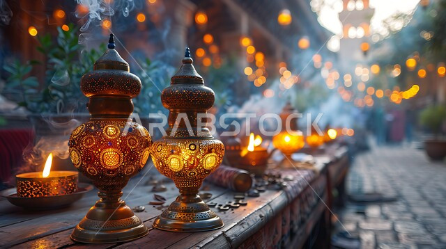 The craft of making metal lamps, lighting, accessories and Ramadan decorations, a close-up of decorated and colorful traditional Arabic lanterns displayed in a popular market, celebrating the coming of the month of goodness.
