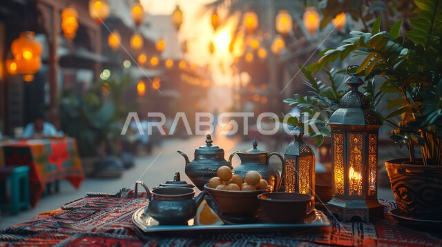 تقديم الضيافة للزوار والضيوف, مفهوم الكرم والجود, طبق من الحلويات التقليدية في مجموعة من الأوعية النحاسية, مصابيح معدنية مزخرفة مضيئة, الفوانيس وحبال الزينة المعلقة في الطرقات, الاحتفال بقدوم شهر رمضان المبارك