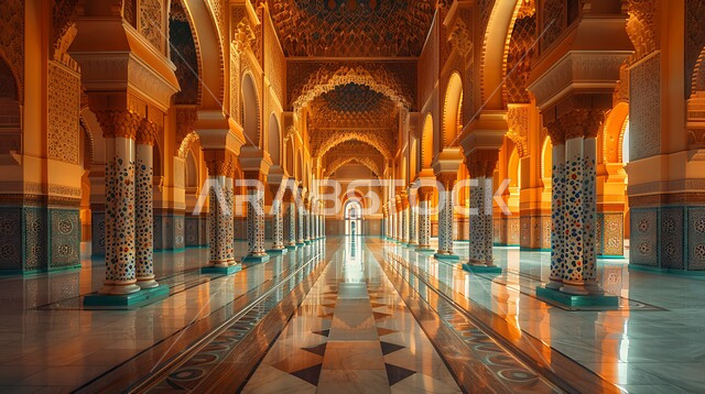 مفهوم العبادة والتقرب إلى الله تعالى, الفن الهندسي المعماري لمسجد عربي عريق، النقوش والزخارف للاعمدة والاقواس على الطراز الاسلامي، التصاميم والديكورات الداخلية الأنيقة للمساجد