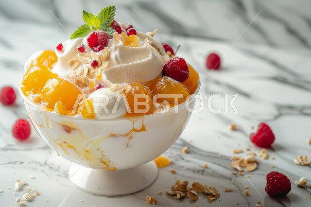 صحن من البوظة بنكهات الفواكه والفانيلا، مرطبات فصل الصيف، الأطعمة المليئة بالسكريات والسعرات الحرارية، حلويات صيفية باردة، آيس كريم مزين بحبات الفاكهة الطازجة والصوص الغني