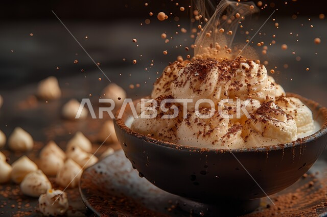 حلويات شرقية شهية، تحلية باردة لذيذة، سكريات و أطعمة ذات سعرات حرارية عالية، طبق من الحلوى بنكهة الفانيلا مزين بالكريمة المخفوقة المرشوشة بالكاكاو