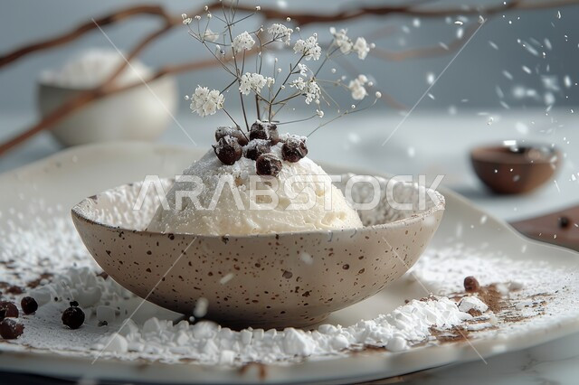 آيس كريم بنكهة الفانيليا موضوع في صحن رخامي أبيض مزين بحبات التوت البرية الصغيرة، حلويات صيفية باردة ومنعشة, أكلات وتحليات طازجة مجمدة