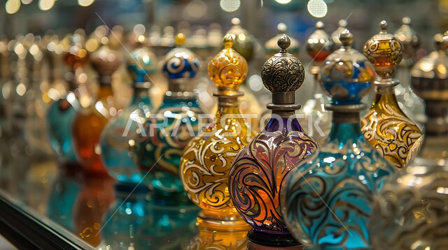 المحلات التجارية لبيع الطيب والعطر العربي، التسوق والتبضع في الأسواق الشعبية السياحية في المملكة العربية السعودية، زيوت تقليدية تراثية، صورة مقربة لزجاجات العطور العربية في سوق شعبي