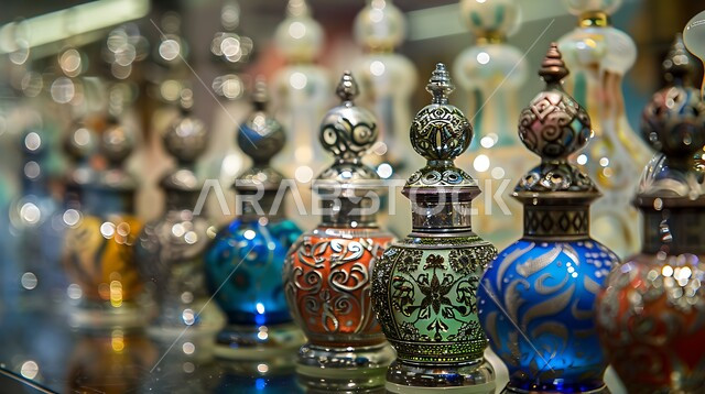 المحلات التجارية لبيع الطيب والعطر العربي، التسوق والتبضع في الأسواق الشعبية السياحية في المملكة العربية السعودية، زيوت تقليدية تراثية، صورة مقربة لزجاجات العطور العربية في سوق شعبي