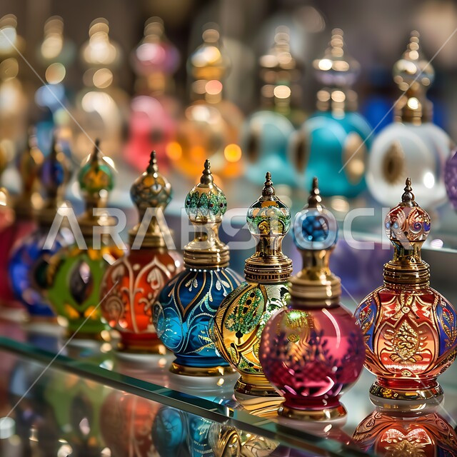 Shops selling Arab perfume and perfume, shopping and shopping in popular tourist markets in the Kingdom of Saudi Arabia, traditional heritage oils, a close-up of Arab perfume bottles in a popular market