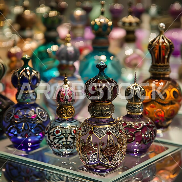 المحلات التجارية لبيع الطيب والعطر العربي، التسوق والتبضع في الأسواق الشعبية السياحية في المملكة العربية السعودية، زيوت تقليدية تراثية، صورة مقربة لزجاجات العطور العربية في سوق شعبي