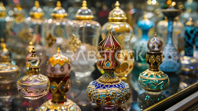 Shops selling Arab perfume and perfume, shopping and shopping in popular tourist markets in the Kingdom of Saudi Arabia, traditional heritage oils, a close-up of Arab perfume bottles in a popular market