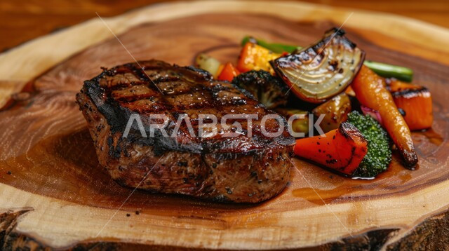 مطاعم للمأكولات العربية الشرقية، وصفات المطبخ السعودي الغني بالنكهات، اللحوم البقرية المشوية الشهية، أطعمة غنية بالبروتين، صورة مقربة لستيك اللحم مع الخضار المطبوخة والتوابل على لوح خشبي، وجبة ذات قيمة غذائية عالية