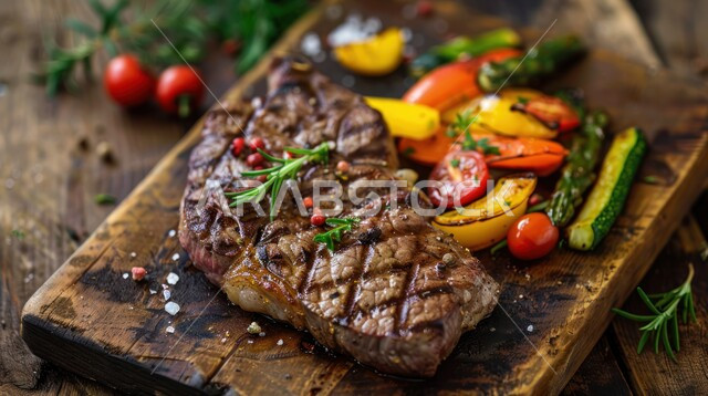 اللحوم البقرية المشوية الشهية، مطاعم للمأكولات العربية الشرقية، أطعمة غنية بالبروتين، صورة مقربة لستيك اللحم مع الخضار المطبوخة والتوابل على لوح خشبي، وجبة ذات قيمة غذائية عالية, وصفات المطبخ السعودي الغني بالنكهات