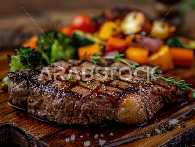 Delicious grilled beef, restaurants with oriental Arabic cuisine, foods rich in protein, a close-up of steak with cooked vegetables and spices on a wooden board, a meal with high nutritional value, recipes for Saudi cuisine rich in flavors