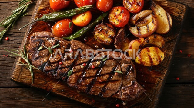 اللحوم البقرية المشوية الشهية، مطاعم للمأكولات العربية الشرقية، أطعمة غنية بالبروتين، صورة مقربة لستيك اللحم مع الخضار المطبوخة والتوابل على لوح خشبي، وجبة ذات قيمة غذائية عالية, وصفات المطبخ السعودي الغني بالنكهات