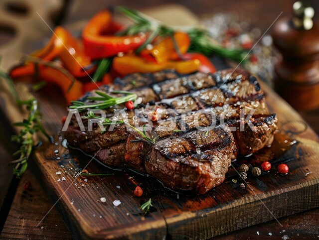 Delicious grilled beef, restaurants with oriental Arabic cuisine, foods rich in protein, a close-up of steak with cooked vegetables and spices on a wooden board, a meal with high nutritional value, recipes for Saudi cuisine rich in flavors