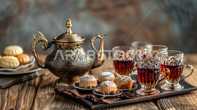 العادات القديمة في تقديم الشاي، حسن الضيافه وكرم الاستقبال في المملكة العربية السعودية، الاستمتاع بالمشروبات الساخنة، ابريق مزين بزخارف ارابيسك التقليدية الملونة، صورة مقربة لأبريق ومجموعة من الفناجين المزخرفة على الصينية