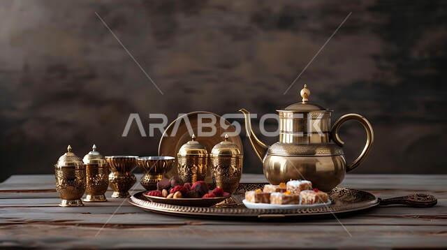 العادات القديمة في تقديم الشاي، حسن الضيافه وكرم الاستقبال في المملكة العربية السعودية، الاستمتاع بالمشروبات الساخنة، ابريق مزين بزخارف ارابيسك التقليدية الملونة، صورة مقربة لأبريق ومجموعة من الفناجين المزخرفة على الصينية