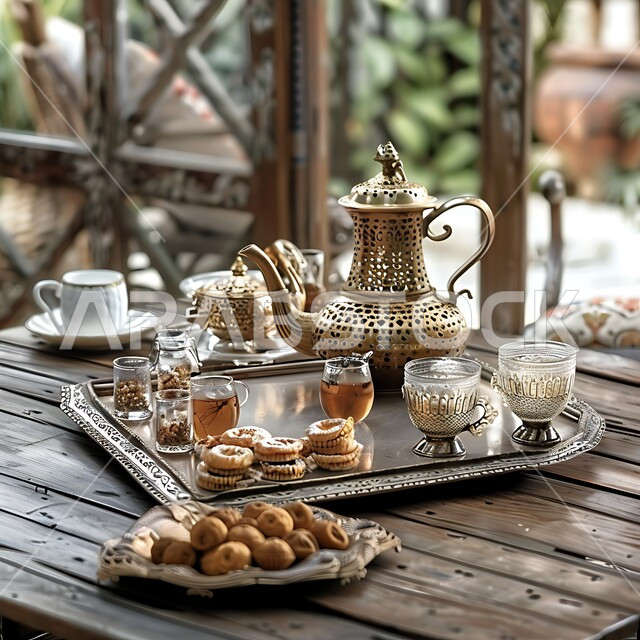 العادات القديمة في تقديم الشاي، حسن الضيافه وكرم الاستقبال في المملكة العربية السعودية، الاستمتاع بالمشروبات الساخنة، ابريق مزين بزخارف ارابيسك التقليدية الملونة، صورة مقربة لأبريق ومجموعة من الفناجين المزخرفة على الصينية