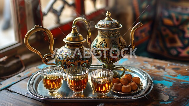 العادات القديمة في تقديم الشاي، حسن الضيافه وكرم الاستقبال في المملكة العربية السعودية، الاستمتاع بالمشروبات الساخنة، ابريق مزين بزخارف ارابيسك التقليدية الملونة، صورة مقربة لأبريق ومجموعة من الفناجين المزخرفة على الصينية