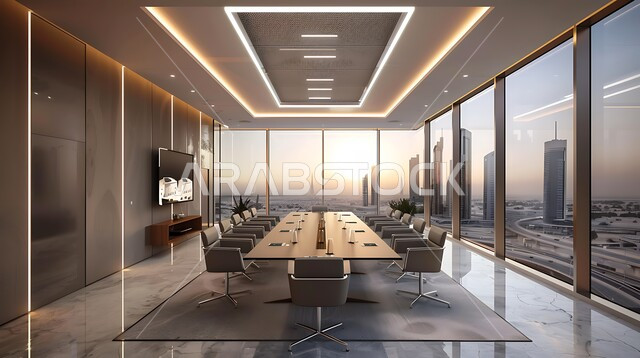 غرف مكتبية بتصاميم وديكورات داخلية فخمة، التصميم العصري الحديث للمكاتب في الشركات السعودية، النوافذ والواجهات الزجاجية، غرفة اجتماعات واسعة مع طاولة محاطة بكراسي