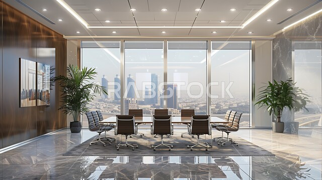 غرف مكتبية بتصاميم وديكورات داخلية فخمة، التصميم العصري الحديث للمكاتب في الشركات السعودية، النوافذ والواجهات الزجاجية، غرفة اجتماعات واسعة مع طاولة محاطة بكراسي