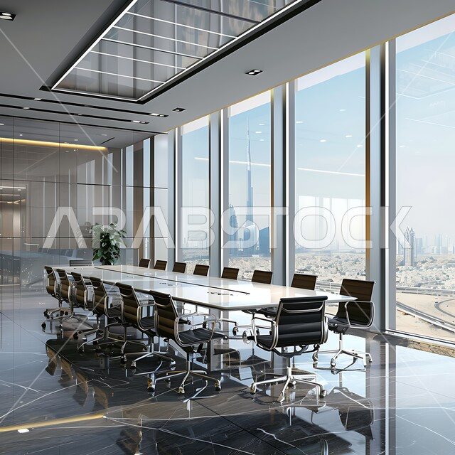 غرف مكتبية بتصاميم وديكورات داخلية فخمة، التصميم العصري الحديث للمكاتب في الشركات السعودية، النوافذ والواجهات الزجاجية، غرفة اجتماعات واسعة مع طاولة محاطة بكراسي