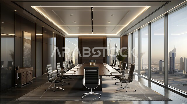 غرف مكتبية بتصاميم وديكورات داخلية فخمة، التصميم العصري الحديث للمكاتب في الشركات السعودية، النوافذ والواجهات الزجاجية، غرفة اجتماعات واسعة مع طاولة محاطة بكراسي