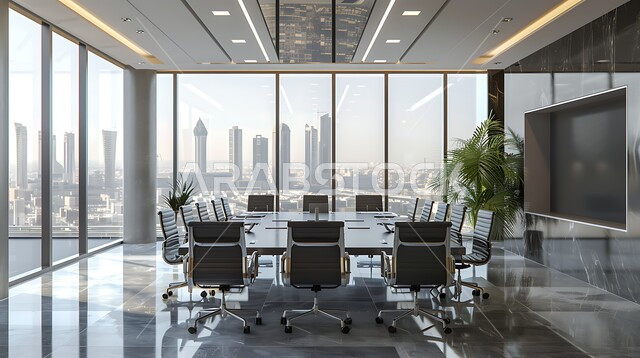 Office rooms with luxurious interior designs and decorations, modern modern design of offices in Saudi companies, windows and glass facades, a spacious meeting room with a table surrounded by chairs