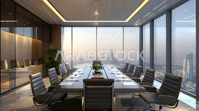 غرفة اجتماعات واسعة مع طاولة محاطة بكراسي، غرف مكتبية بتصاميم وديكورات داخلية فخمة، التصميم العصري الحديث للمكاتب في الشركات السعودية، النوافذ والواجهات الزجاجية