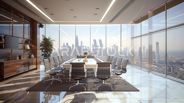 غرفة اجتماعات واسعة مع طاولة محاطة بكراسي، غرف مكتبية بتصاميم وديكورات داخلية فخمة، التصميم العصري الحديث للمكاتب في الشركات السعودية، النوافذ والواجهات الزجاجية