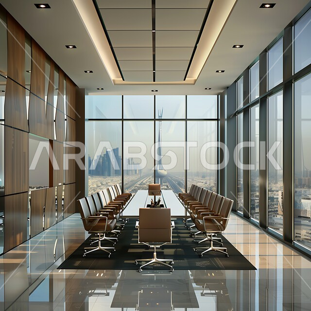 غرفة اجتماعات واسعة مع طاولة محاطة بكراسي، غرف مكتبية بتصاميم وديكورات داخلية فخمة، التصميم العصري الحديث للمكاتب في الشركات السعودية، النوافذ والواجهات الزجاجية