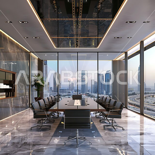 غرفة اجتماعات واسعة مع طاولة محاطة بكراسي، غرف مكتبية بتصاميم وديكورات داخلية فخمة، التصميم العصري الحديث للمكاتب في الشركات السعودية، النوافذ والواجهات الزجاجية