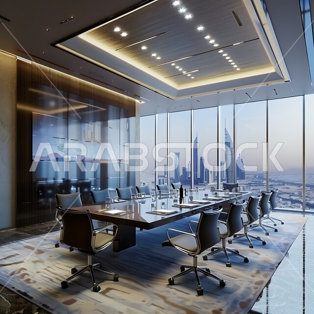 غرفة اجتماعات واسعة مع طاولة محاطة بكراسي، غرف مكتبية بتصاميم وديكورات داخلية فخمة، التصميم العصري الحديث للمكاتب في الشركات السعودية، النوافذ والواجهات الزجاجية