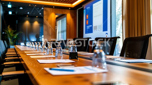 التصميم العصري الحديث للمكاتب في الشركات السعودية، غرف مكتبية بتصاميم وديكورات داخلية فخمة، غرفة اجتماعات واسعة مع طاولة محاطة بكراسي