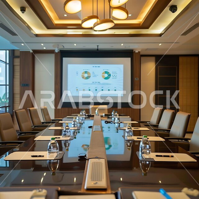 التصميم العصري الحديث للمكاتب في الشركات السعودية، غرف مكتبية بتصاميم وديكورات داخلية فخمة، غرفة اجتماعات واسعة مع طاولة محاطة بكراسي