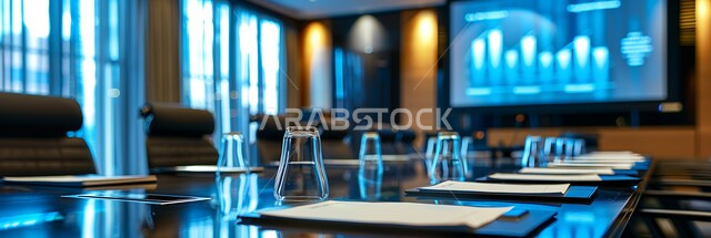 التصميم العصري الحديث للمكاتب في الشركات السعودية، غرف مكتبية بتصاميم وديكورات داخلية فخمة، غرفة اجتماعات واسعة مع طاولة محاطة بكراسي