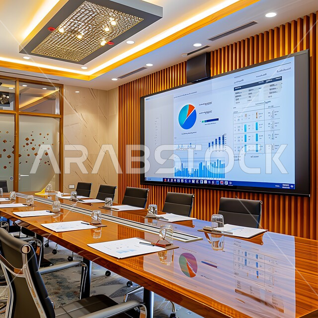 التصميم العصري الحديث للمكاتب في الشركات السعودية، غرف مكتبية بتصاميم وديكورات داخلية فخمة، غرفة اجتماعات واسعة مع طاولة محاطة بكراسي