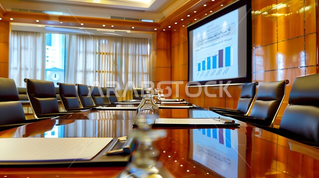 التصميم العصري الحديث للمكاتب في الشركات السعودية، غرف مكتبية بتصاميم وديكورات داخلية فخمة، غرفة اجتماعات واسعة مع طاولة محاطة بكراسي