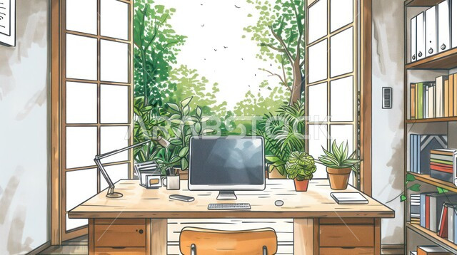 غرفة مكتبية بتصاميم فاخرة، اطلالة خارجية على الحديقة الخضراء والطبيعة من خلال الواجهة الزجاجية، طاولة مكتب عليها جهاز الحاسوب وأمامها الكرسي, أثات راقي وبسيط مع وجود نباتات الزينة, الديكورات الداخلية لمكاتب العمل المنزلية في السعودية