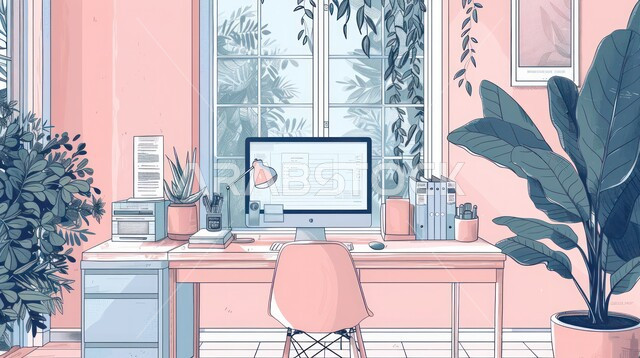 غرفة مكتبية بتصاميم فاخرة، اطلالة خارجية على الحديقة الخضراء والطبيعة من خلال الواجهة الزجاجية، طاولة مكتب عليها جهاز الحاسوب وأمامها الكرسي, أثات راقي وبسيط مع وجود نباتات الزينة, الديكورات الداخلية لمكاتب العمل المنزلية في السعودية