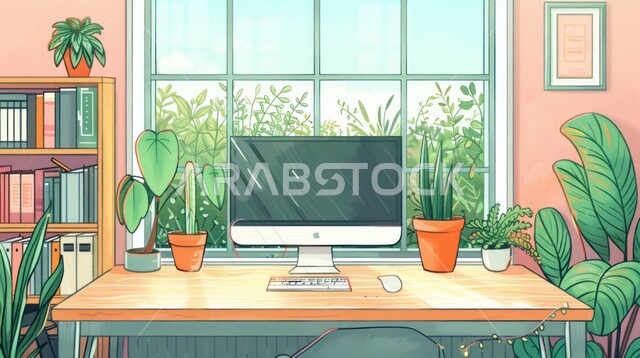 An office room with luxurious designs, an external view of the green garden and nature through the glass facade, an office table with a computer on it and a chair in front of it, elegant and simple furniture with ornamental plants, interior decoration for home work offices in Saudi Arabia