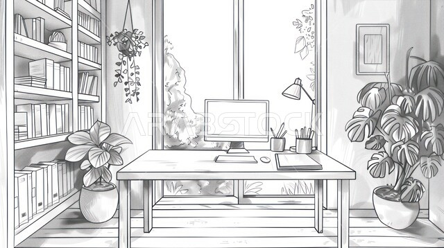 غرفة مكتبية بتصاميم فاخرة، اطلالة خارجية على الحديقة الخضراء والطبيعة من خلال الواجهة الزجاجية، طاولة مكتب عليها جهاز الحاسوب, أثات راقي وبسيط مع وجود نباتات الزينة, الديكورات الداخلية لمكاتب العمل المنزلية في السعودية