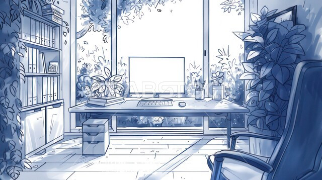 غرفة مكتبية بتصاميم فاخرة، اطلالة خارجية على الحديقة الخضراء والطبيعة من خلال الواجهة الزجاجية، طاولة مكتب عليها جهاز الحاسوب وأمامها الكرسي, أثات راقي وبسيط مع وجود نباتات الزينة, الديكورات الداخلية لمكاتب العمل المنزلية في السعودية