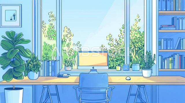 الديكورات الداخلية لمكاتب العمل المنزلية في السعودية, غرفة مكتبية بتصاميم فاخرة، اطلالة خارجية على الحديقة الخضراء والطبيعة من خلال الواجهة الزجاجية، طاولة مكتب عليها جهاز الحاسوب وأمامها الكرسي, أثات راقي وبسيط مع وجود نباتات الزينة