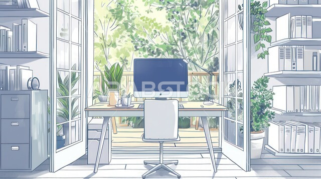 الديكورات الداخلية لمكاتب العمل المنزلية في السعودية, غرفة مكتبية بتصاميم فاخرة، اطلالة خارجية على الحديقة الخضراء والطبيعة من خلال الواجهة الزجاجية، طاولة مكتب عليها جهاز الحاسوب وأمامها الكرسي, أثات راقي وبسيط مع وجود نباتات الزينة