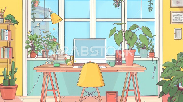 الديكورات الداخلية لمكاتب العمل المنزلية في السعودية, غرفة مكتبية بتصاميم فاخرة، اطلالة خارجية على الحديقة الخضراء والطبيعة من خلال الواجهة الزجاجية، طاولة مكتب عليها جهاز الحاسوب وأمامها الكرسي, أثات راقي وبسيط مع وجود نباتات الزينة