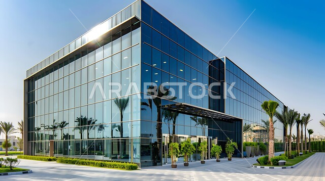 المنشآت التجارية الفاخرة في وقت النهار, النمو و التقدم العمراني, الفن الهندسي المعماري على الطراز الحديث للأبراج وناطحات السحاب في المملكة العربية السعودية, برج حديث بواجهات زجاجية ضخمة, الاهتمام في زراعه النباتات الخضراء